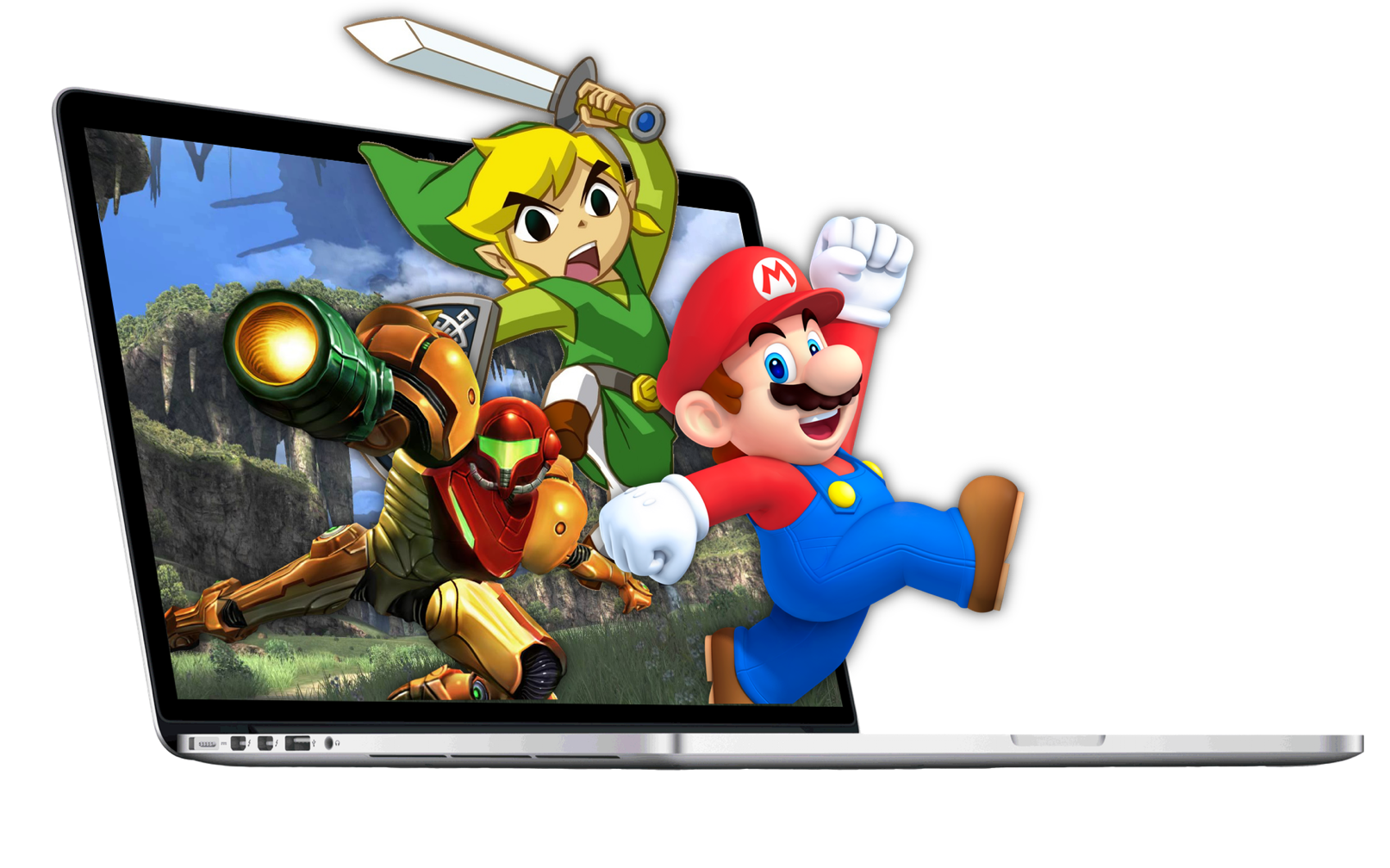 Mario, Link, and Samus jumping out of the screen of a MacBook Pro