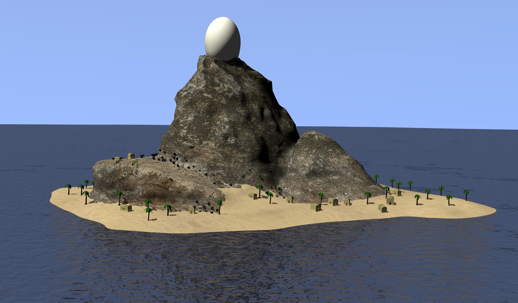 3D rendering of an island in the middle of the ocean with a giant egg on top