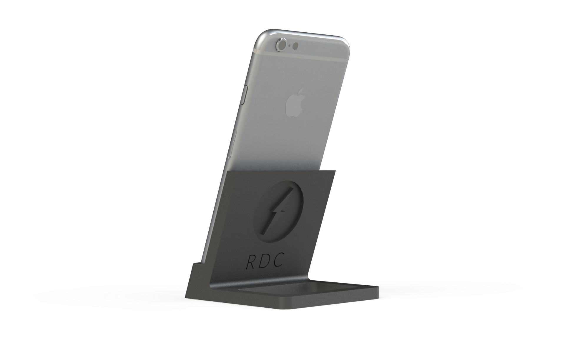 3D rendering of an iPhone sitting in a phone stand highlighting an embossed logo on the back