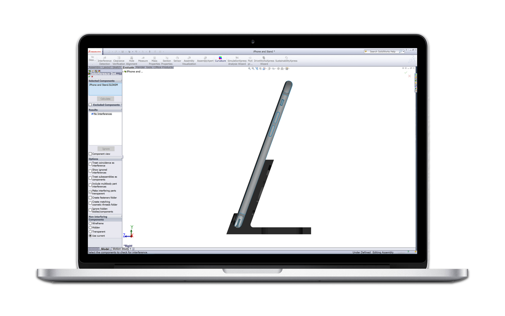 3D design software showing on a laptop displaying a rendering of the side profile of a phone stand