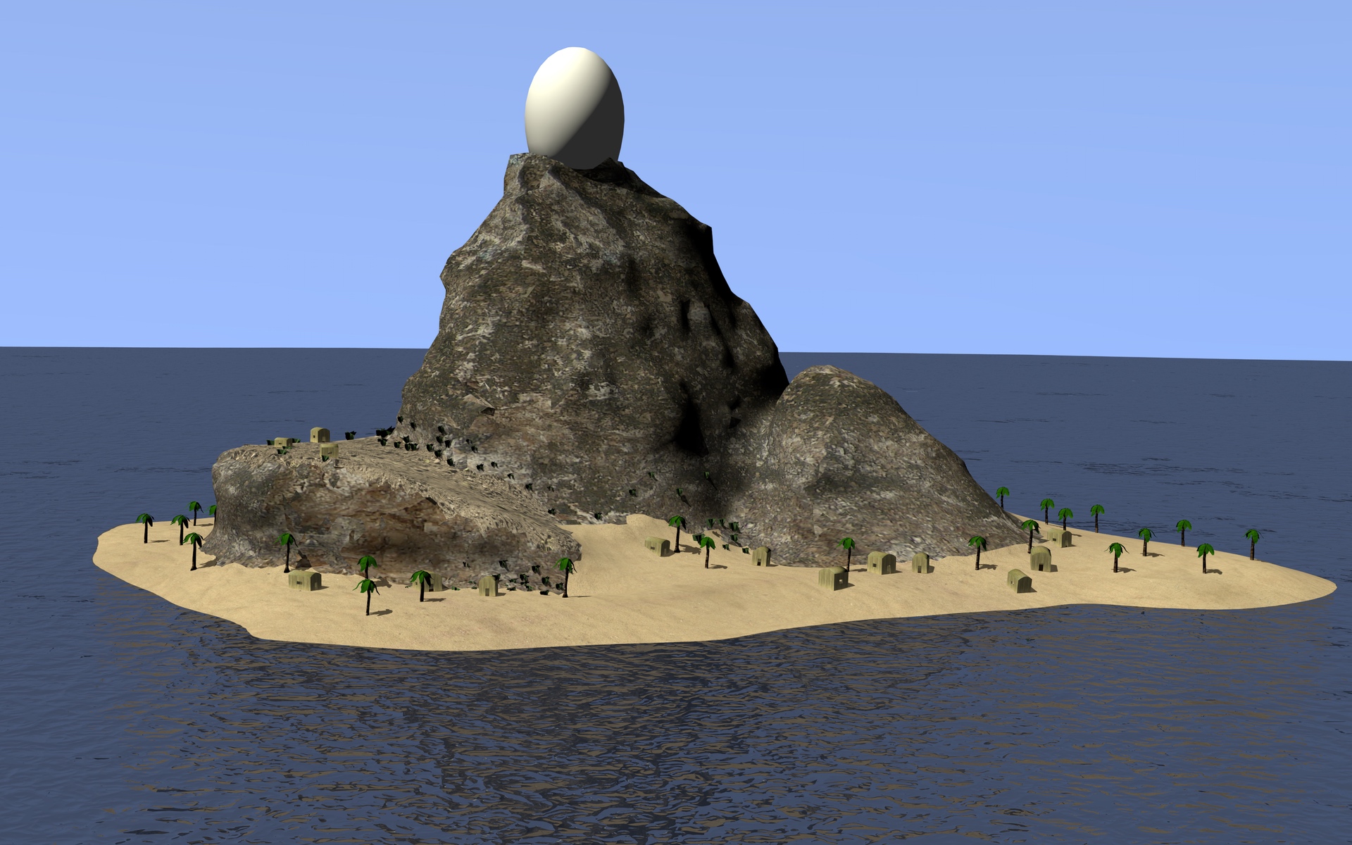 3D rendering of an island with a large mountain and a giant egg atop its peak