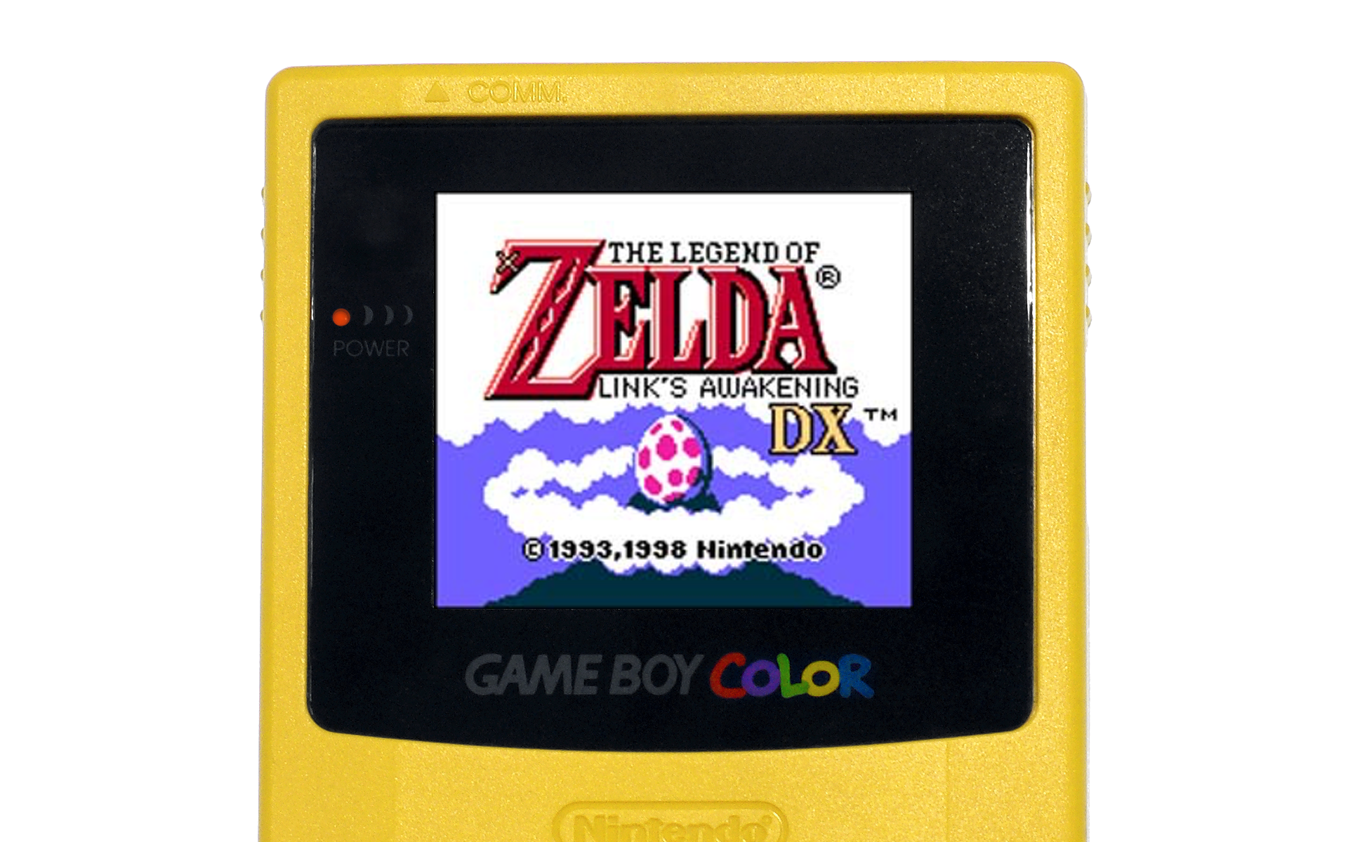 Yellow GameBoy Color gaming device with the title screen of The Legend of Zelda: Link's Awakening being displayed