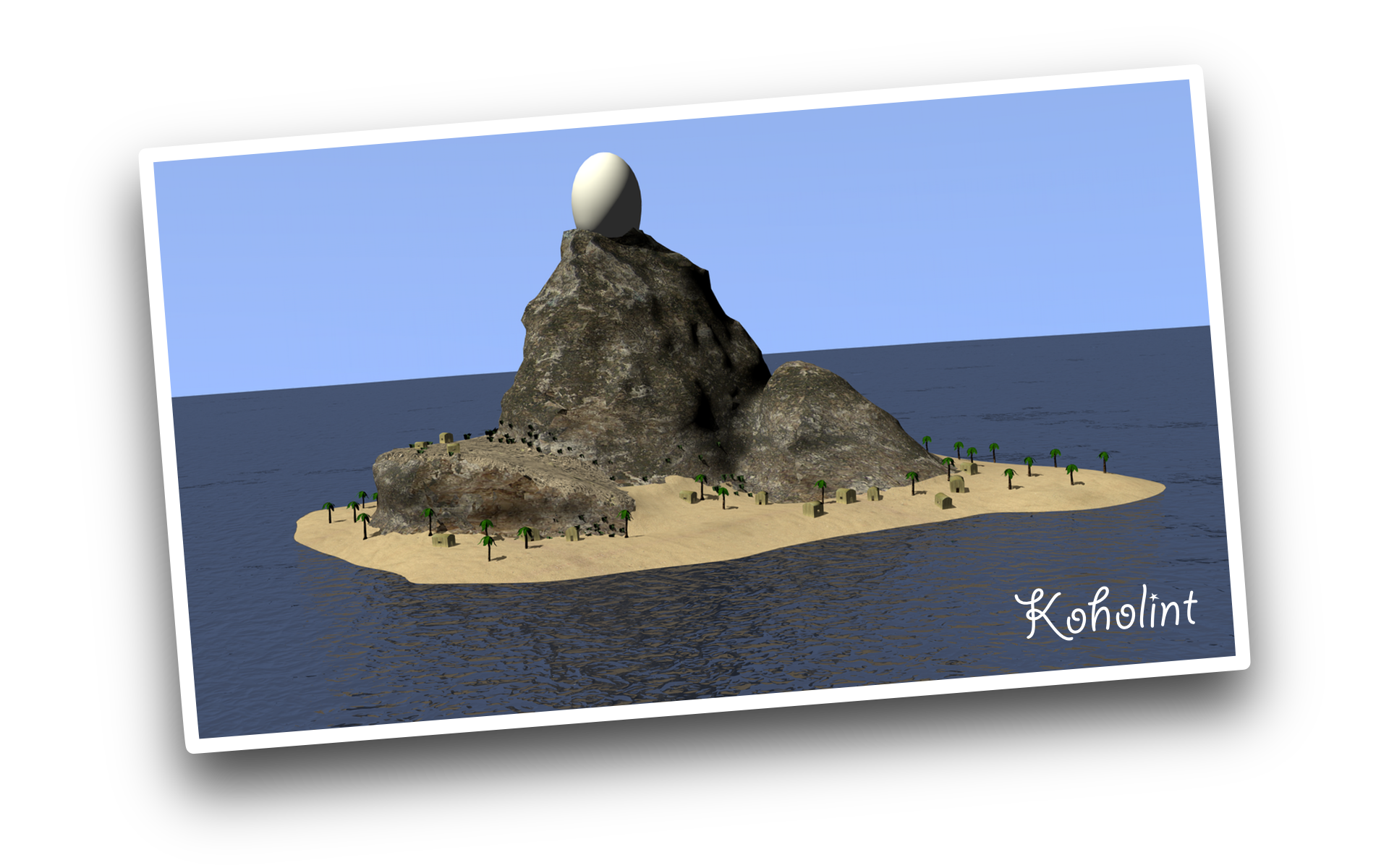 Postcard of a 3D rendering of an island with a large mountain and egg atop its peak with the text 'Koholint' in the corner