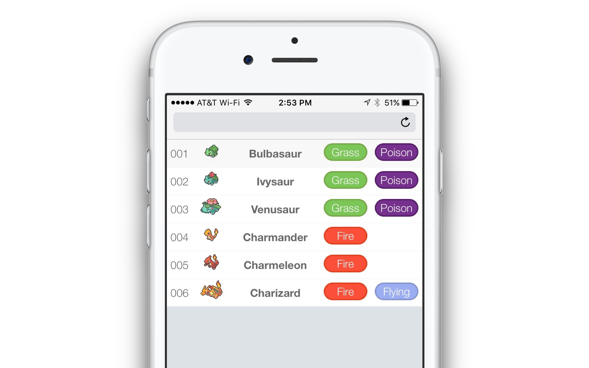 iPhone displaying a neat, orderly list of various Pokémon