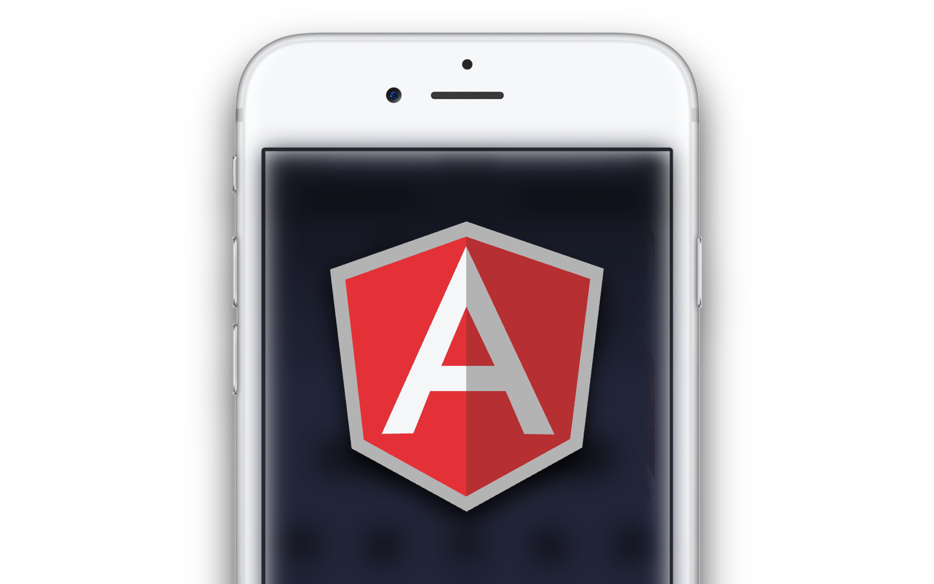 An iPhone showing the AngularJS framework logo on the screen