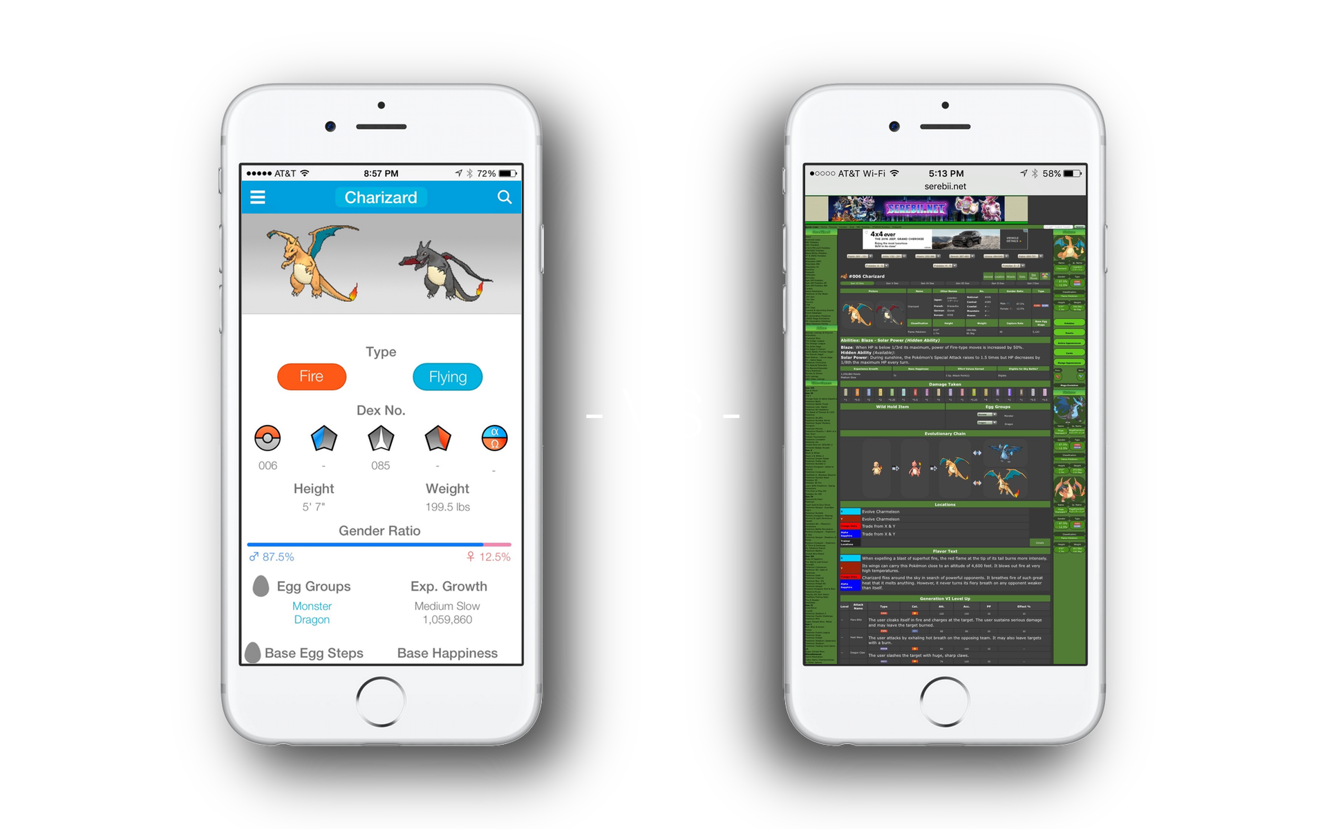 Comparison of the web app versus the other popular Pokémon sites. Content is very cluttered on the popular sites, but clean and readable on the web app.